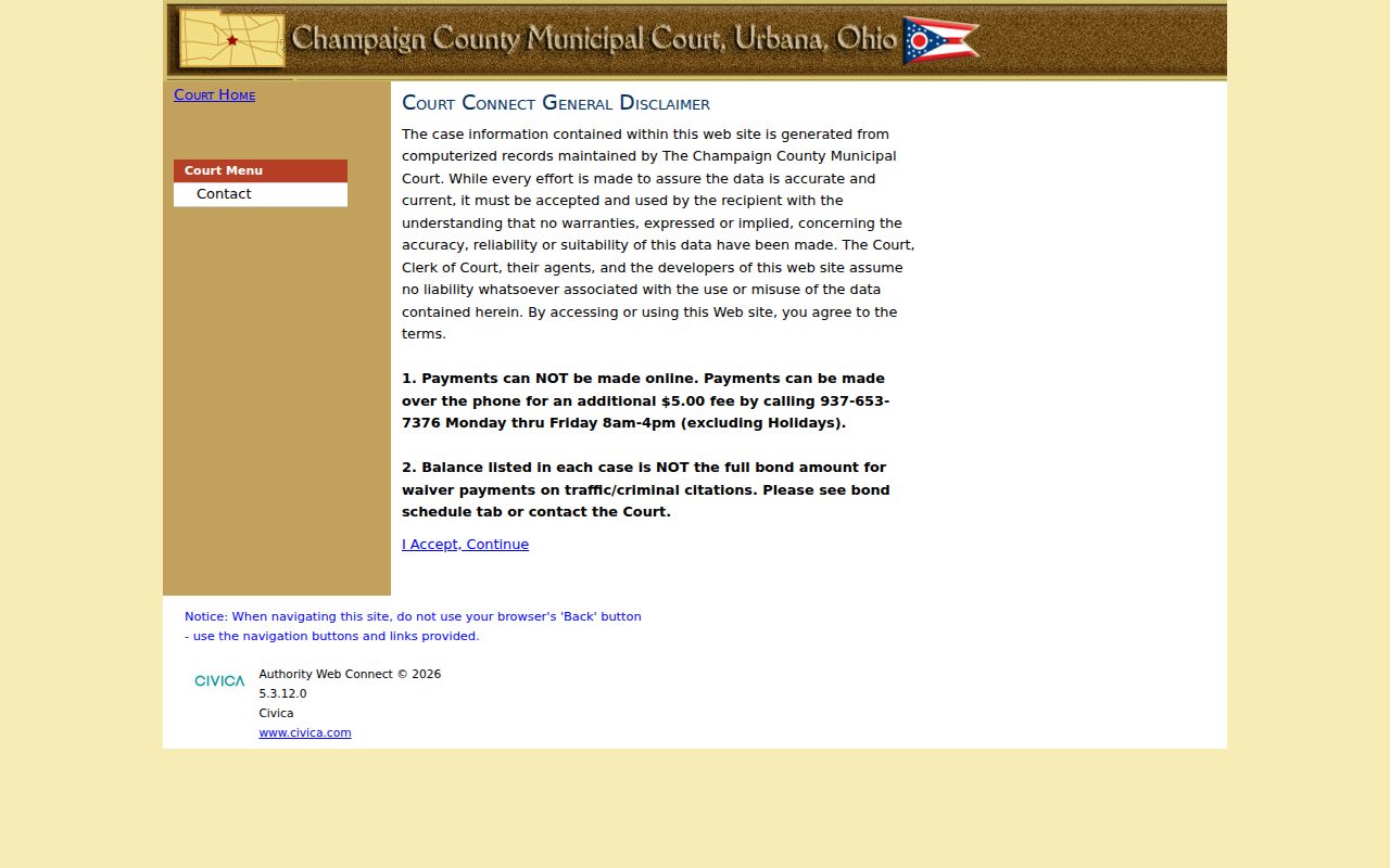 Champaign County Municipal Court docket public access disclaimer