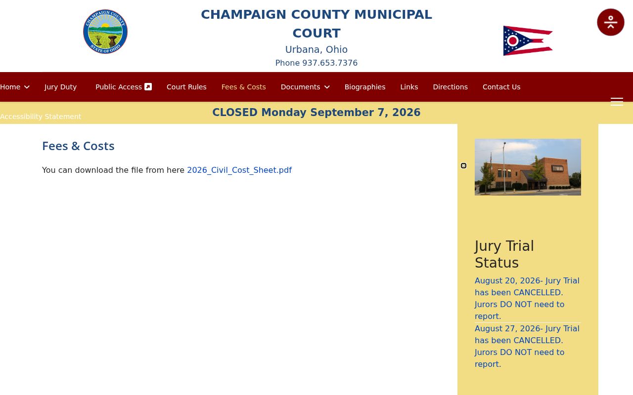 Champaign County Municipal Court docket record fees page